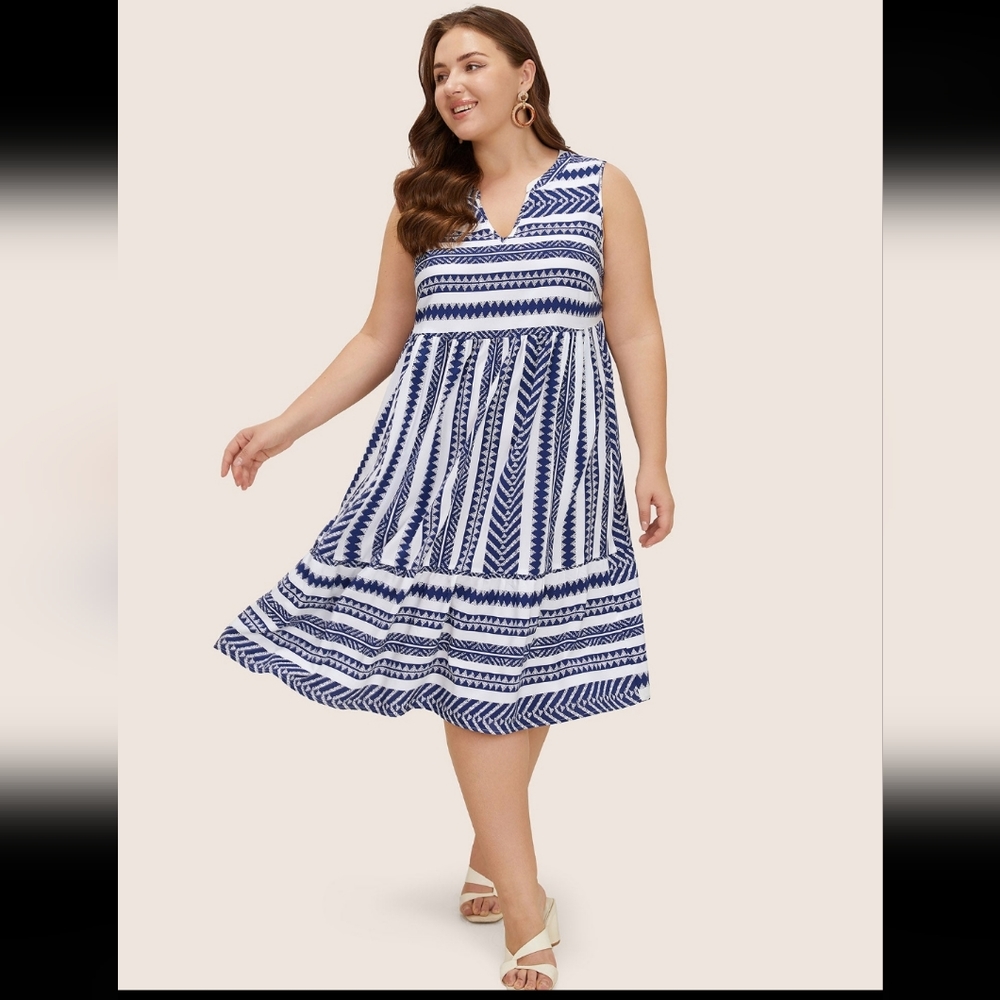 Striped Geometric Pocket Ruffle Hem Sleeveless Tank Dress Size 14/16 / XL/1X